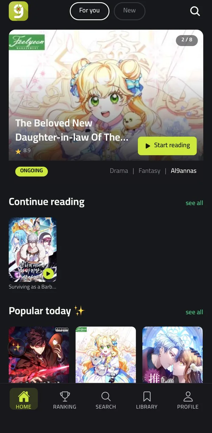 Al9annas home screen in English with a manga hero carousel, Continue reading and Popular today
