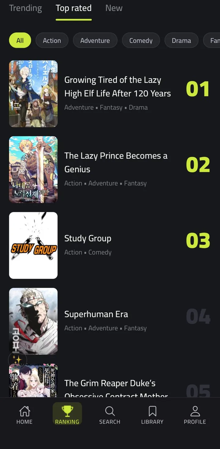 Al9annas ranking screen with top rated manga by genre
